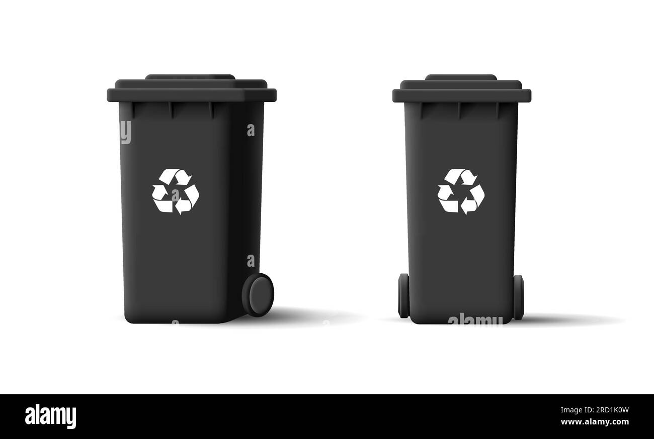 Garbage black trash cans, waste recycle bins. 3d illustration of street