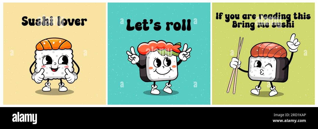 Cute funny retro sushi and rolls characters with quotes. Vector