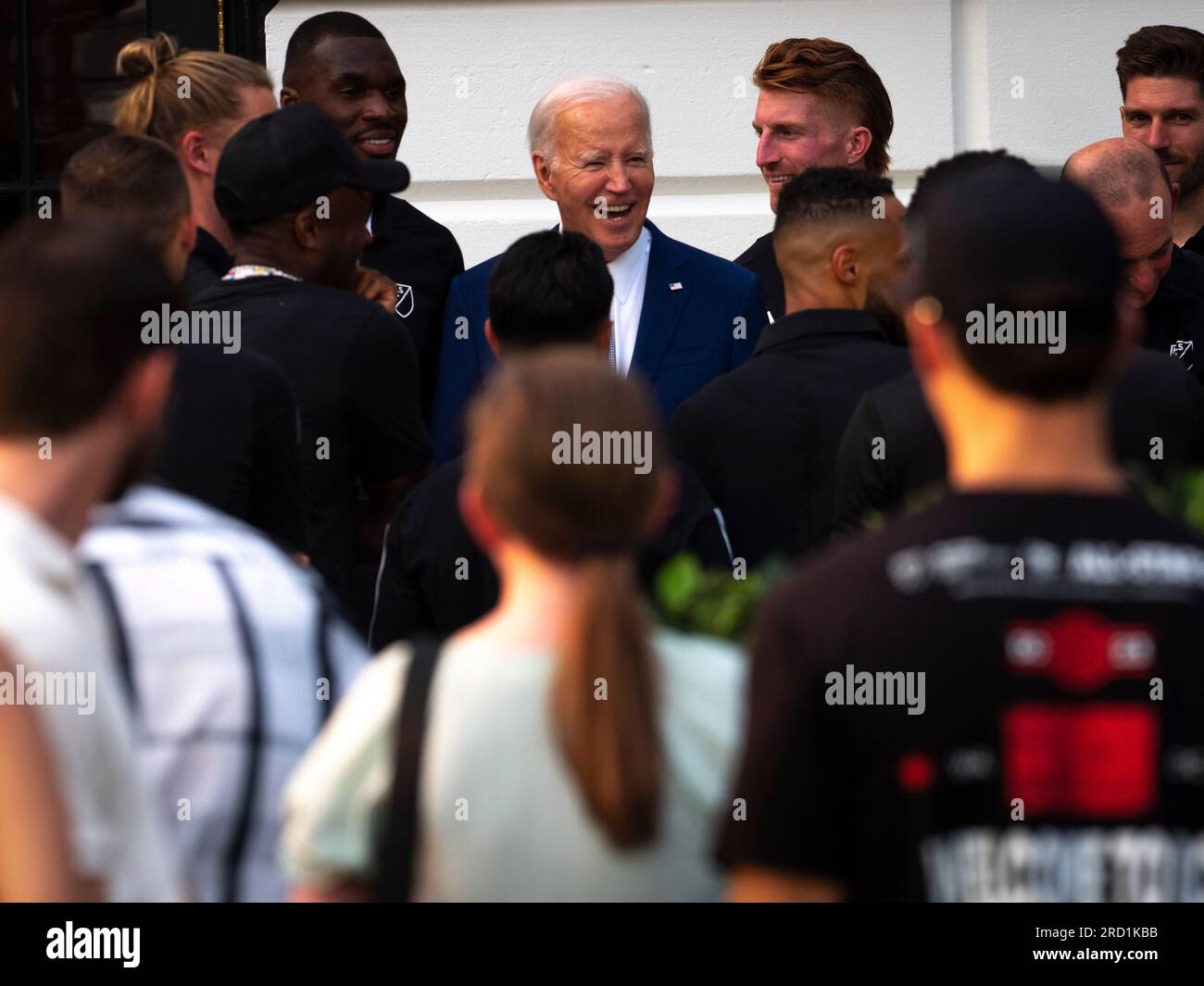 July 17, 2023, Washington, District of Columbia, USA: President JOE BIDE jokes with members of the Major LeagueÃ SoccerÃs All-Star team following a youth soccer clinic at the White House. First Lady Jill Biden hosted the event to draw attention to the role sports plays in empowering youth. Washington, DCÃs Department of Parks and Recreation brought together young players from across all of DCÃs neighborhoods. (Credit Image: © Sue Dorfman/ZUMA Press Wire) EDITORIAL USAGE ONLY! Not for Commercial USAGE! Stock Photo