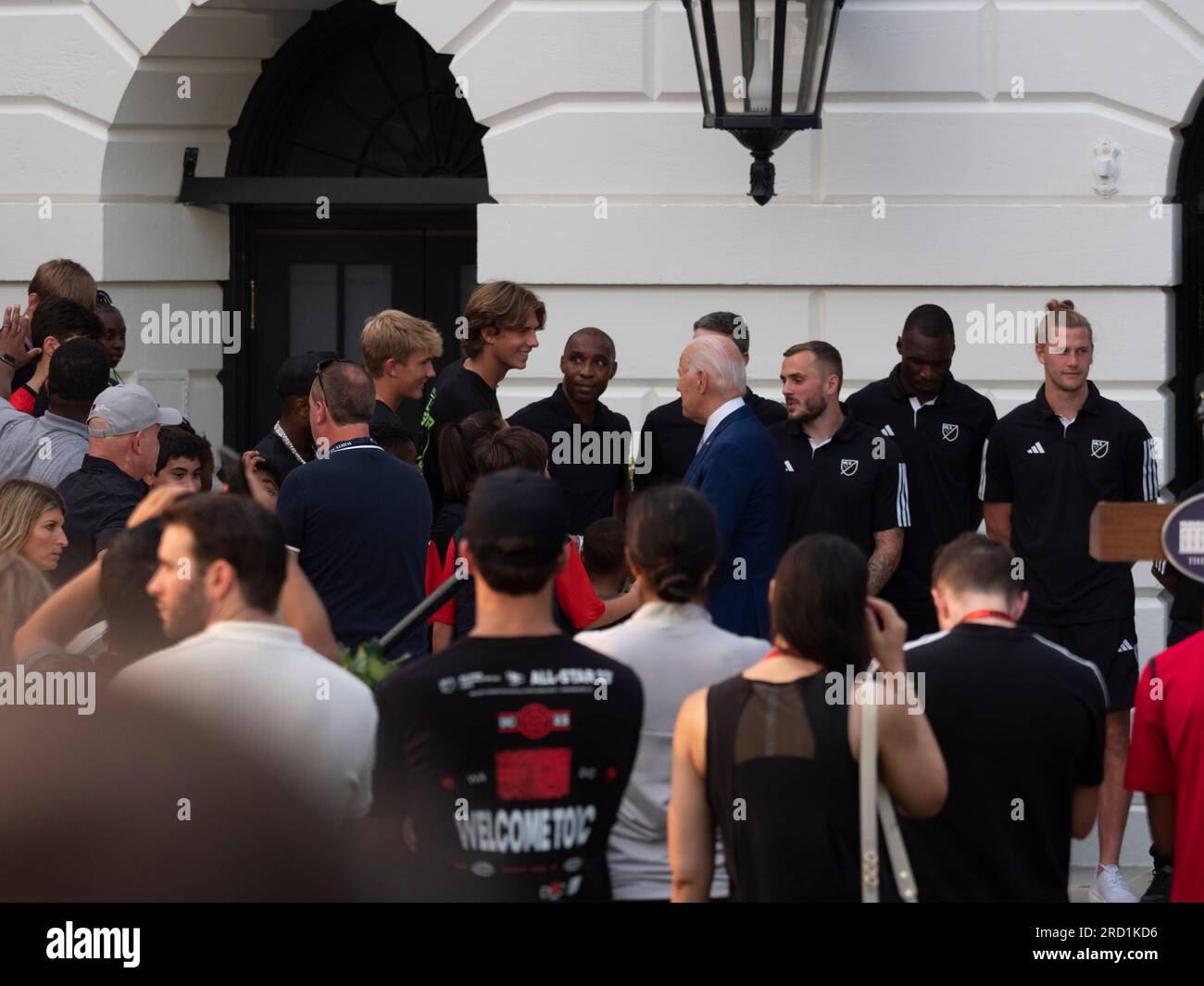 July 17, 2023, Washington, District of Columbia, USA: President JOE BIDEN greets members of the Major League Soccer All-Star team during a youth soccer clinic at the White House.The event was hosted by First Lady Jill Biden. Washington, DCÃs Department of Parks and Recreation brought together young players from across all of DCÃs neighborhoods. (Credit Image: © Sue Dorfman/ZUMA Press Wire) EDITORIAL USAGE ONLY! Not for Commercial USAGE! Stock Photo