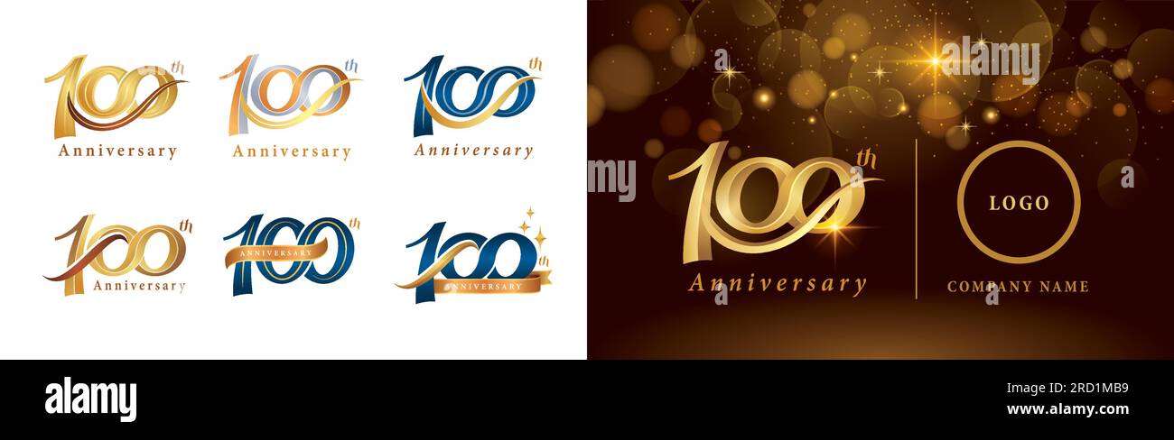 Set of 100th Anniversary logotype design, Hundred years Celebrating Anniversary Logo silver and golden, Vintage and Retro Script Number Letters, Elega Stock Vector