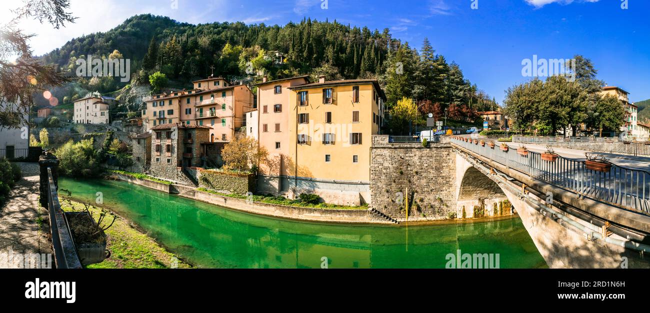 Marradi - charming picturesque village in Tuscany, Italy. Panoramic view with bridge and river Stock Photo