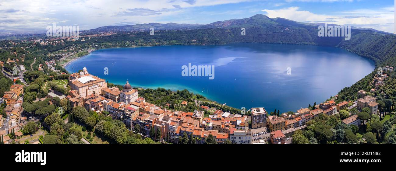 Most scenic lakes of Italy - volcanic Albano lake , aerial drone view of Castel Gandolfo village and crater of volcno. popular touristic site near Rom Stock Photo