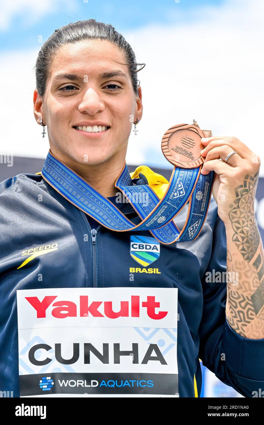 Fukuoka, Japan. 18th July, 2023. Ana Marcela Cunha of Brasil shows the bronze medal after competing in the 5km Women during the 20th World Aquatics Championships at the Seaside Momochi Beach Park in Fukuoka (Japan), July 18th, 2023. Credit: Insidefoto di andrea staccioli/Alamy Live News Stock Photo
