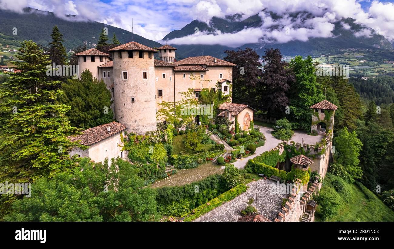 Most scenic medieval castles of Italy - Castel Campo in Trentino region, Trento province. Aerial drone view Stock Photo