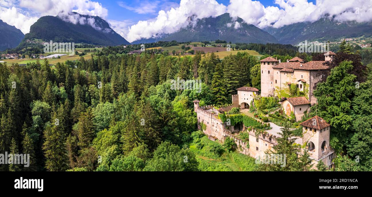 Most scenic medieval castles of Italy - Castel Campo in Trentino region, Trento province. Aerial drone view Stock Photo