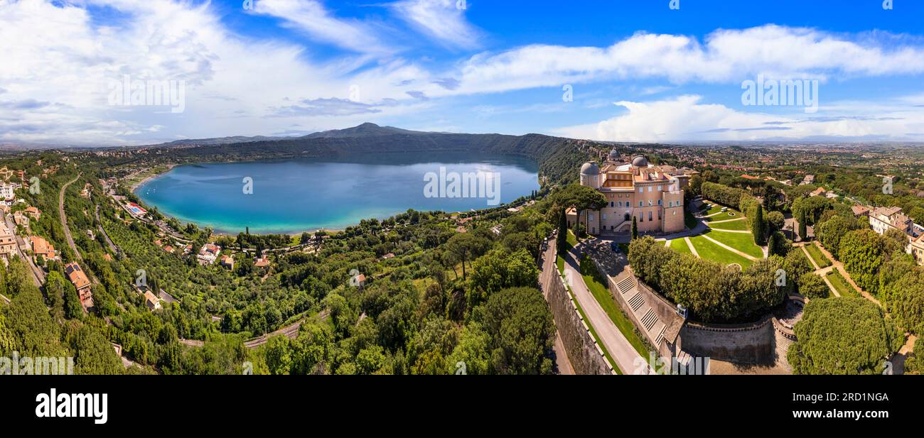 Most scenic lakes of Italy - volcanic Albano lake , aerial drone view of Castel Gandolfo village and crater of volcno. popular touristic site near Rom Stock Photo