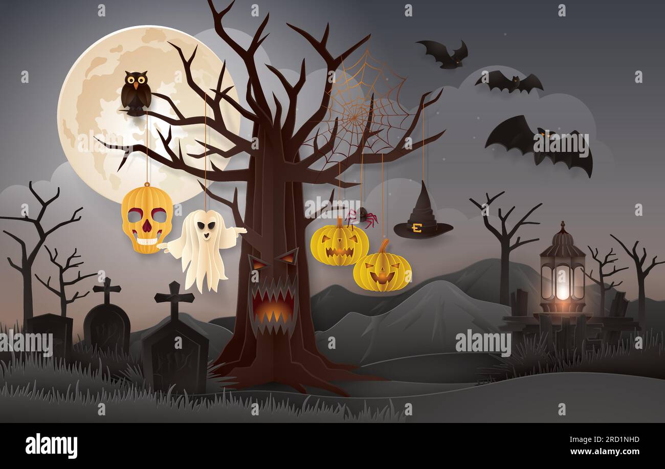 Halloween Night party with graveyard, full moon background, Abstract Halloween spooky tree hanging Skull, pumpkin, ghost, monster, spider, cobweb, owl Stock Vector