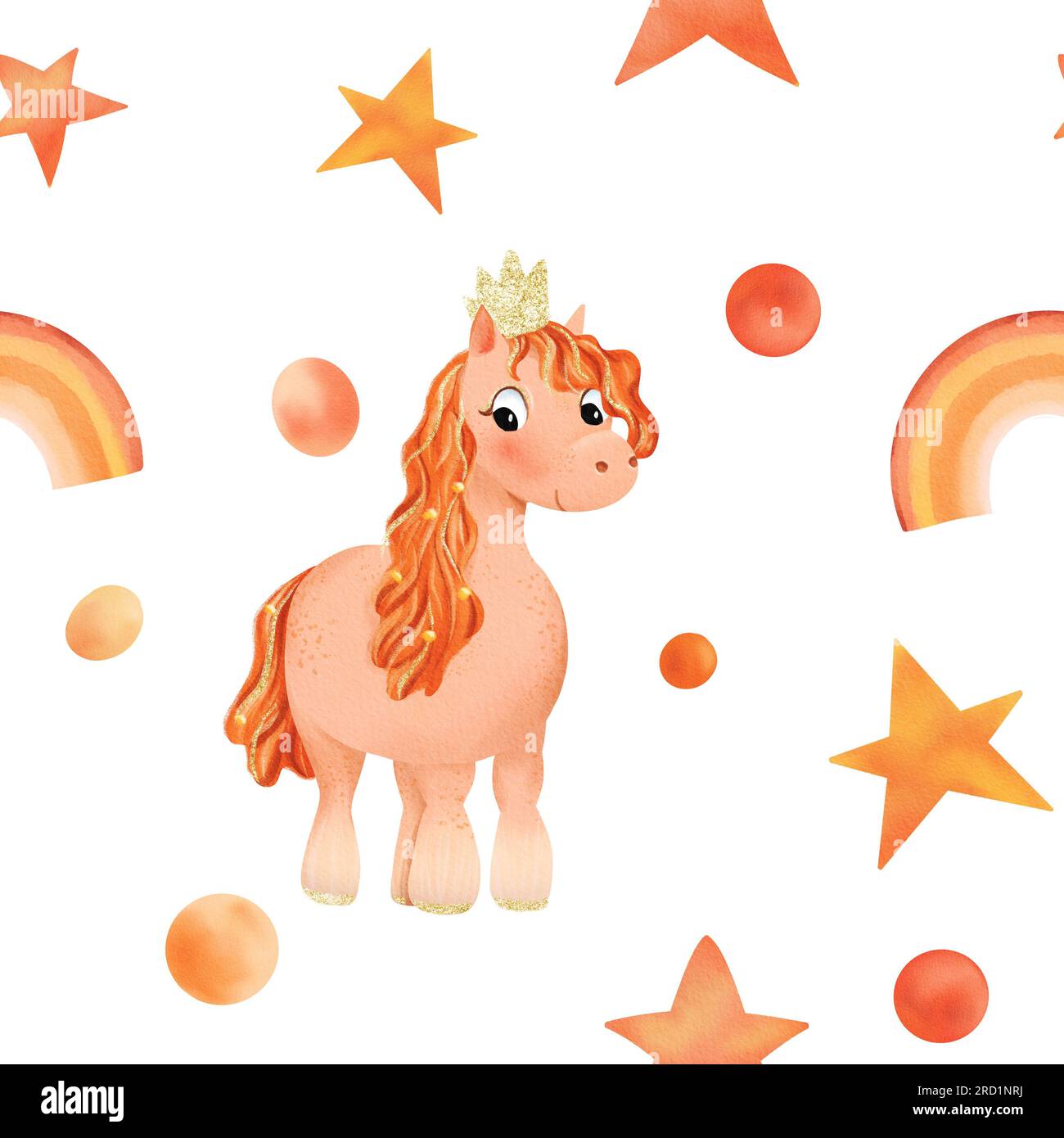 Seamless pattern of Princess, watercolor pony in the gold crown, stars, rainbow. Little girl horse. Funny animal kid. Design for baby shirt design Stock Photo