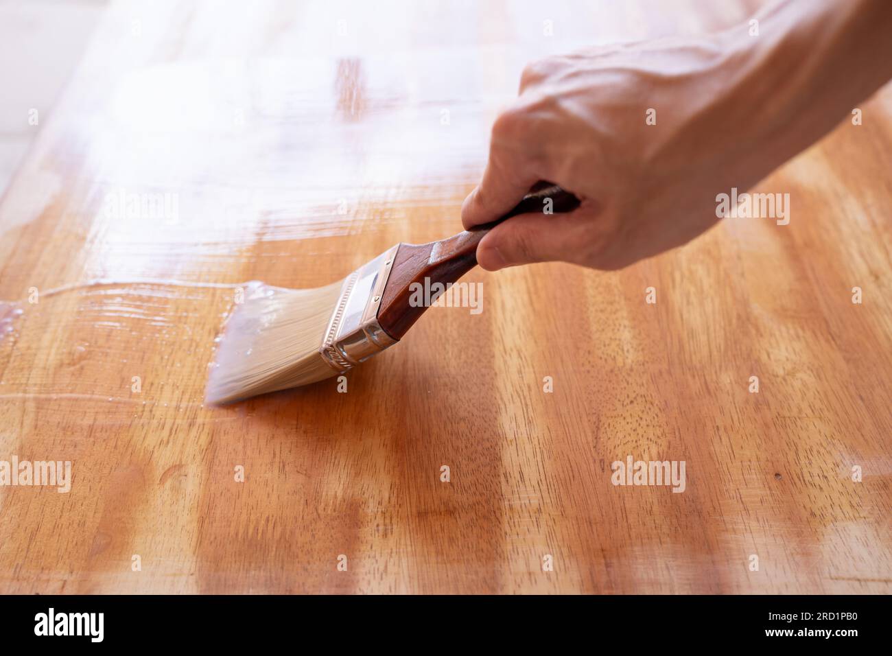 Apply clear wood stain on table with brush Stock Photo