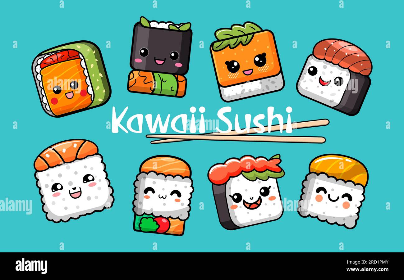 Cute funny sushi and rolls characters in kawaii style. Vector ...