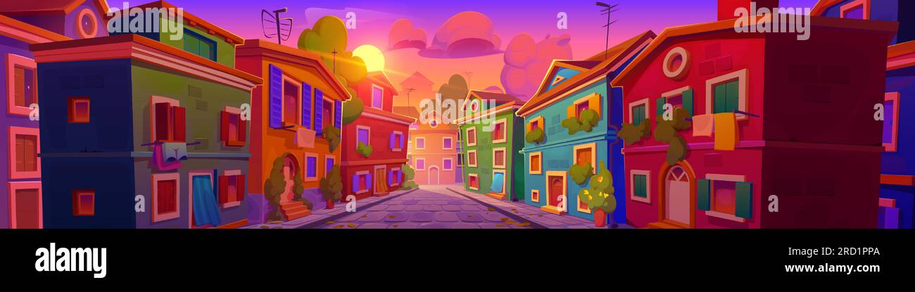 Sunset on Italy old town street cartoon vector illustration. Italian vintage house architecture and condominium apartment facade cityscape. Mediterranean suburban europe district for summer holiday Stock Vector