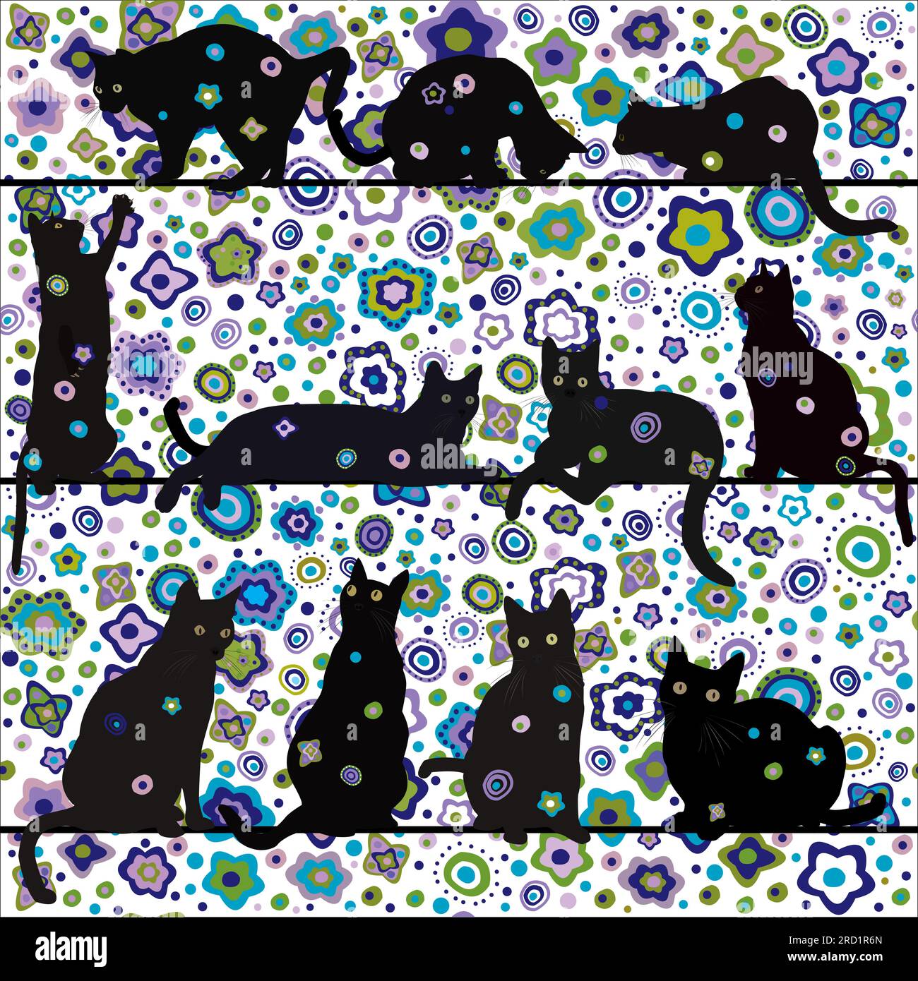 Black cats collection on floral background Stock Vector