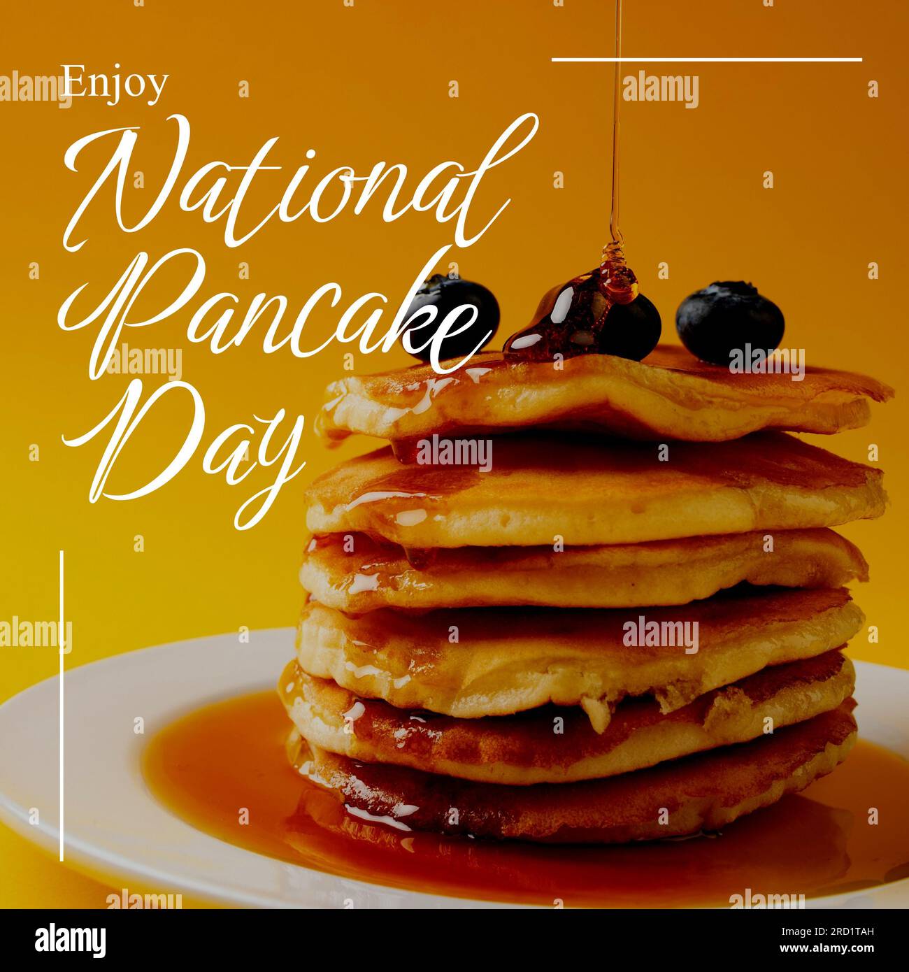 Enjoy national pancake day text in white over pancake stack with