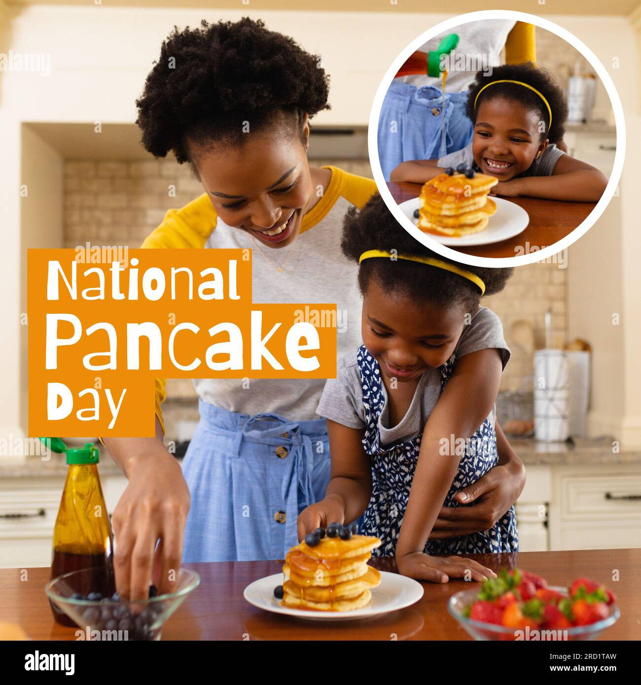 National pancake day text with happy african american daughter and