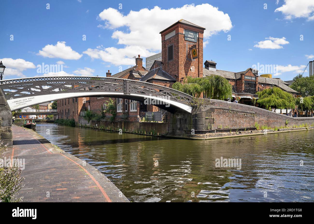Old Turn Junction on the canal at Brindley Place, canal, Birmingham city centre with The Malt House pub in the distance. England UK Stock Photo