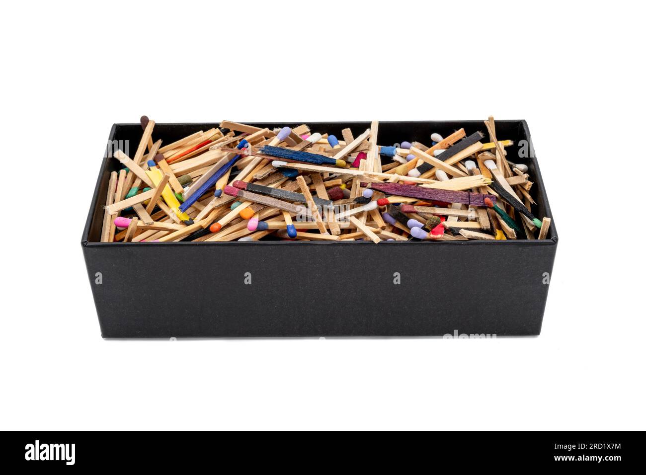 big black cardboard box with matchsticks of various shapes and colors Stock Photo Alamy