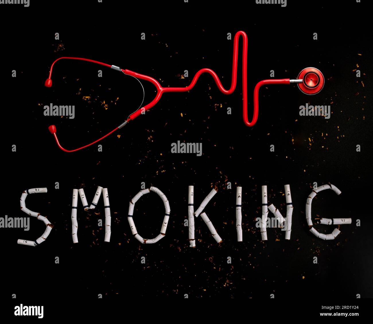 Stethoscope in the shape of a Heart Beat on a EKG with Text smoking