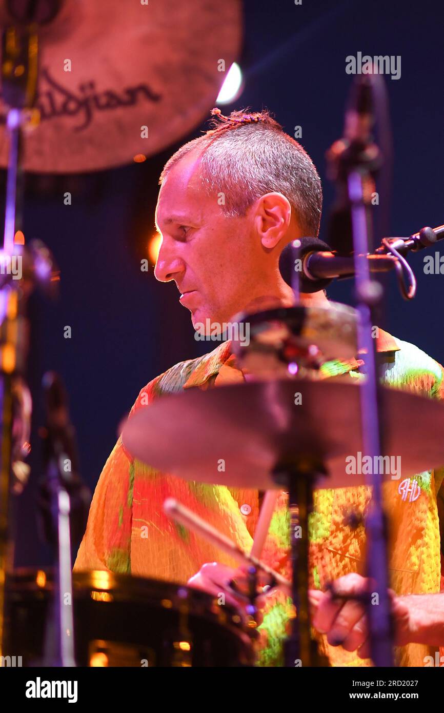 France. 14th July, 2023. Cyril Atef, l ex-batteur de M joue avec Sophie Alour - Festival de Jazz de Juan les Pins 2023 du 10 au 21 juillet. (Photo by Lionel Urman/Sipa USA) Credit: Sipa USA/Alamy Live News Stock Photo