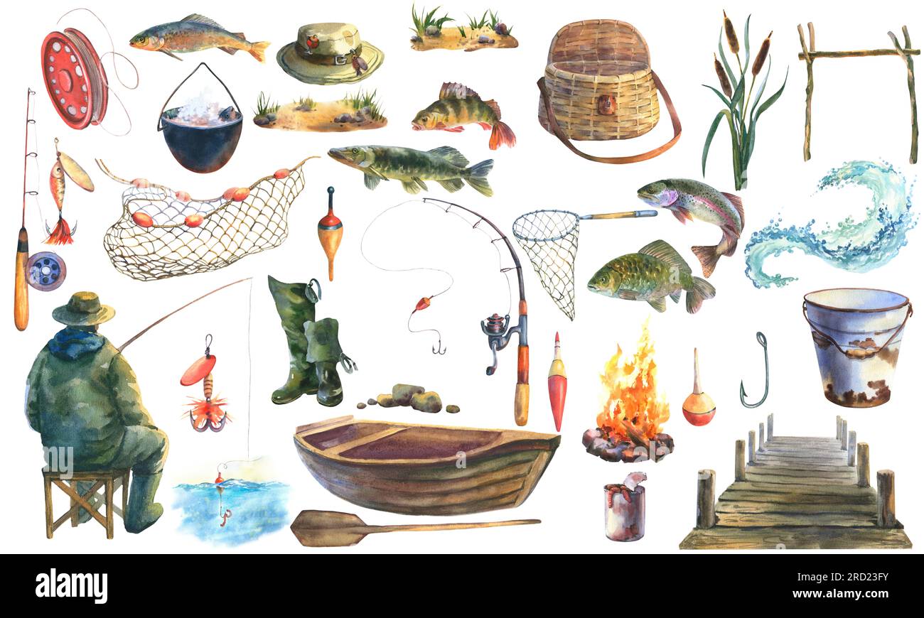 Watercolor illustration, big set of the fishing, wooden boat, fish carp, paddle, pike, fishing rod, perch and stones, bucket and other. For designers Stock Photo