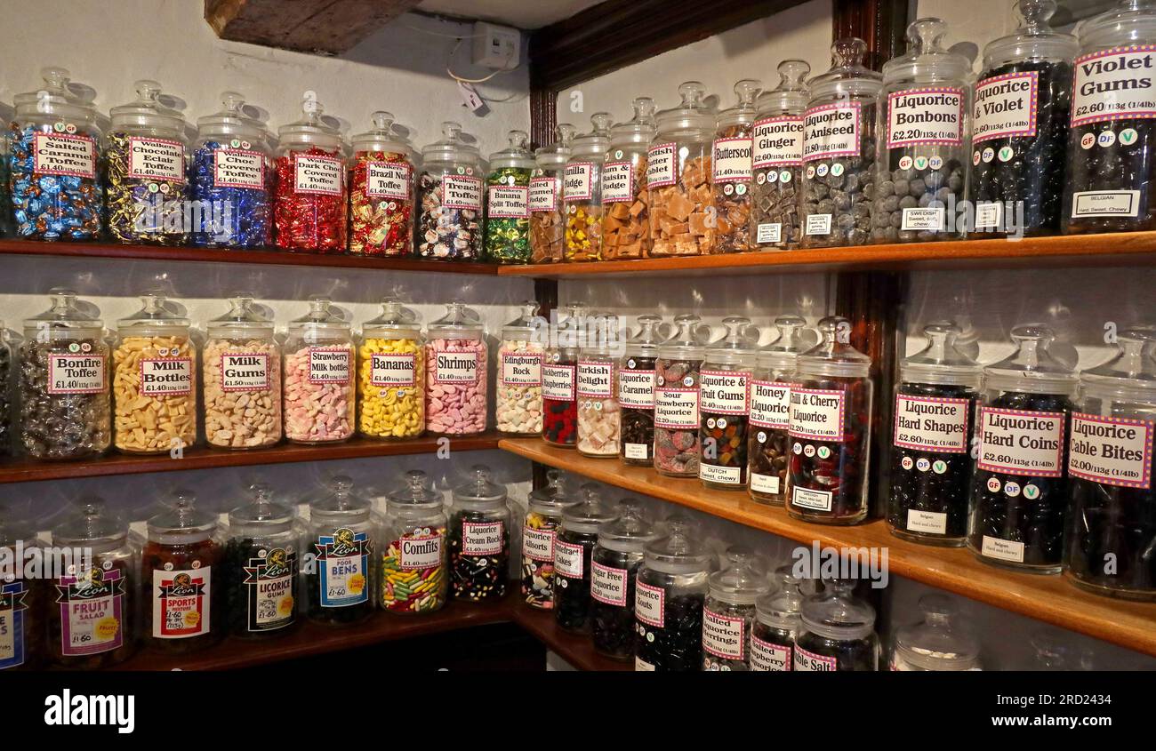 A room completely filled with boiled sweet and confectionary jars, Whitby, North Yorkshire, England, UK, YO22 Stock Photo