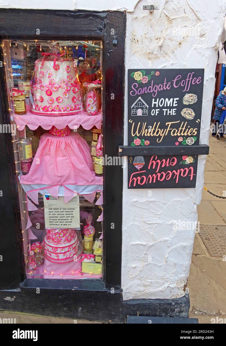 Sandgate Coffee takeaway shop on Sandgate in Whitby, advertising itself as the home of the Whitby Fatties, a local tea shoppe Stock Photo