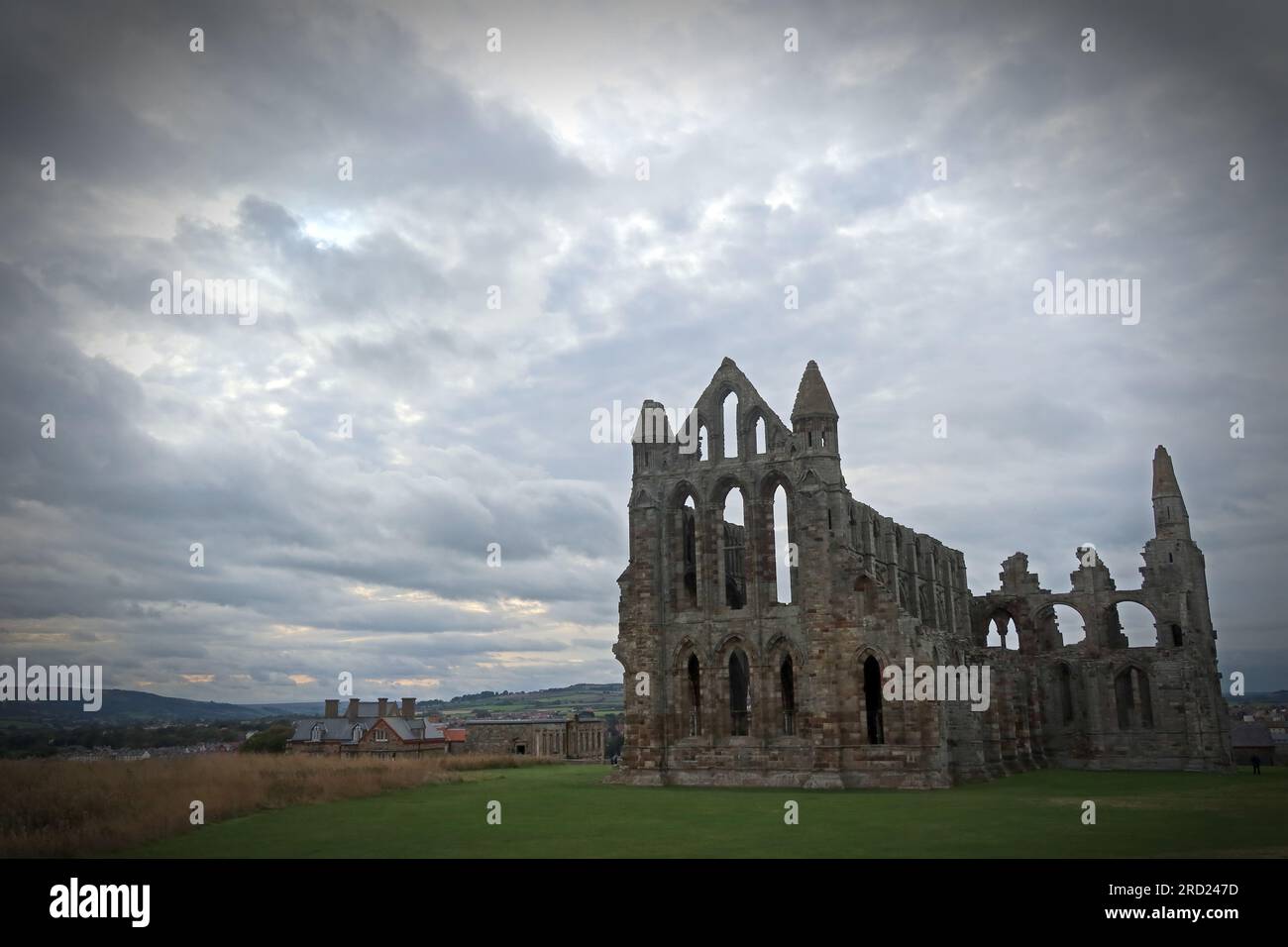 Whitby Benedictine Abbey, perched upon East Cliff, Abbey Lane, Whitby, North Yorkshire, YO22 4JT Stock Photo
