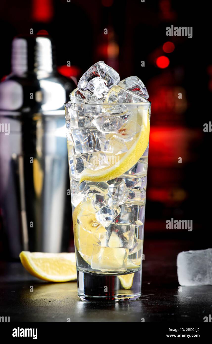 Vodka tonic alcoholic cocktail drink with cold vodka, lemon juice
