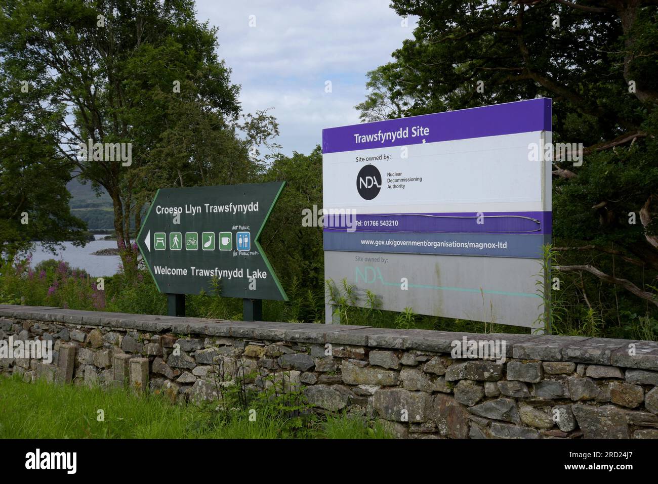 Entrance signs at the Trawsfynydd Site of the Magnox nuclear power station now being decommissioned Stock Photo