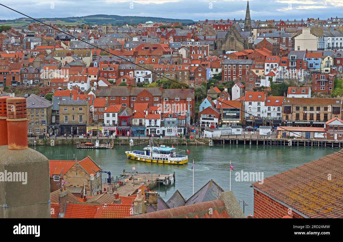 Whitby harbour view, West Pier, down the river Esk, North Yorkshire, England, UK, Stock Photo