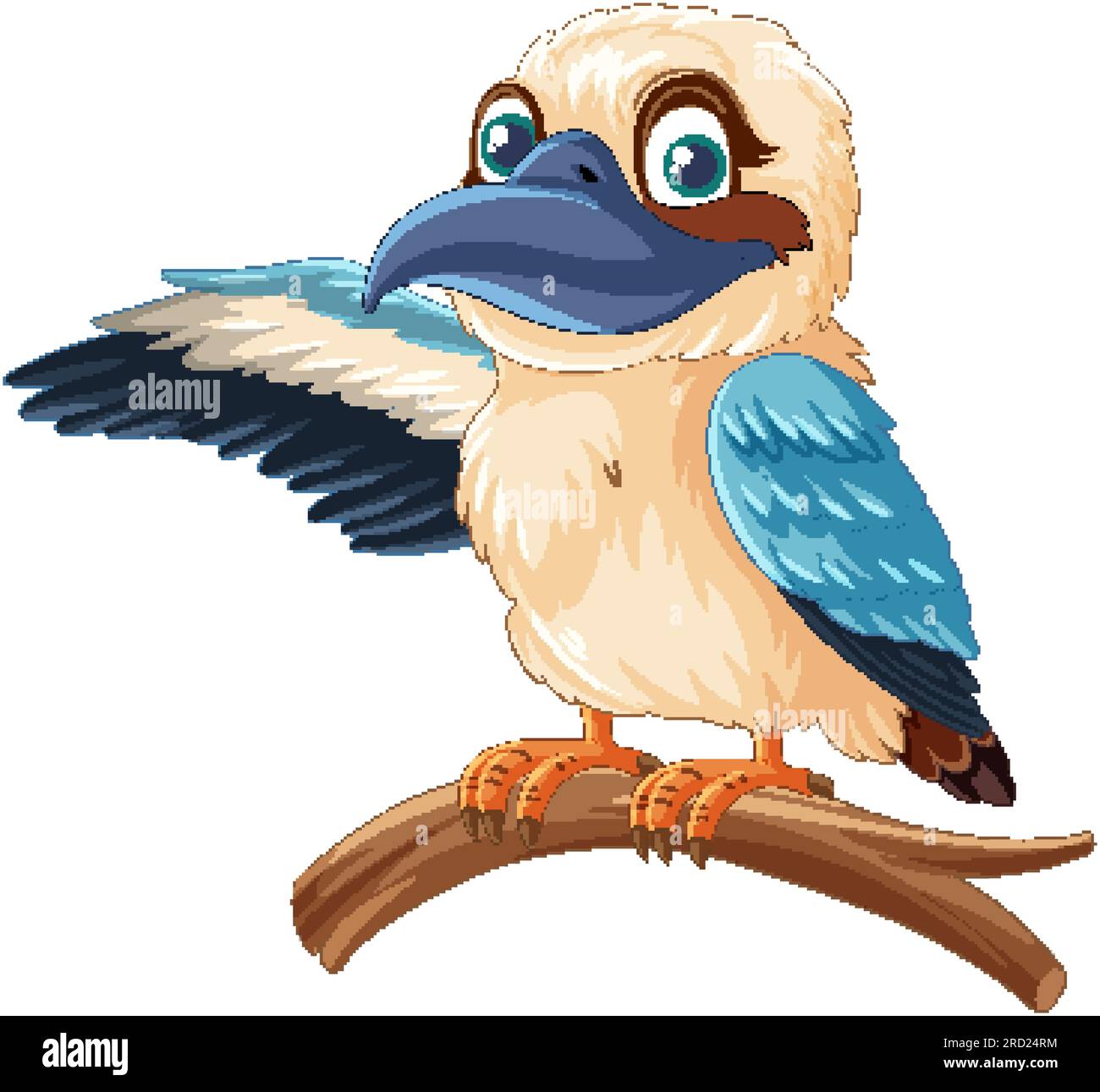 A cartoon illustration of a cute Kookaburra bird standing on a tree