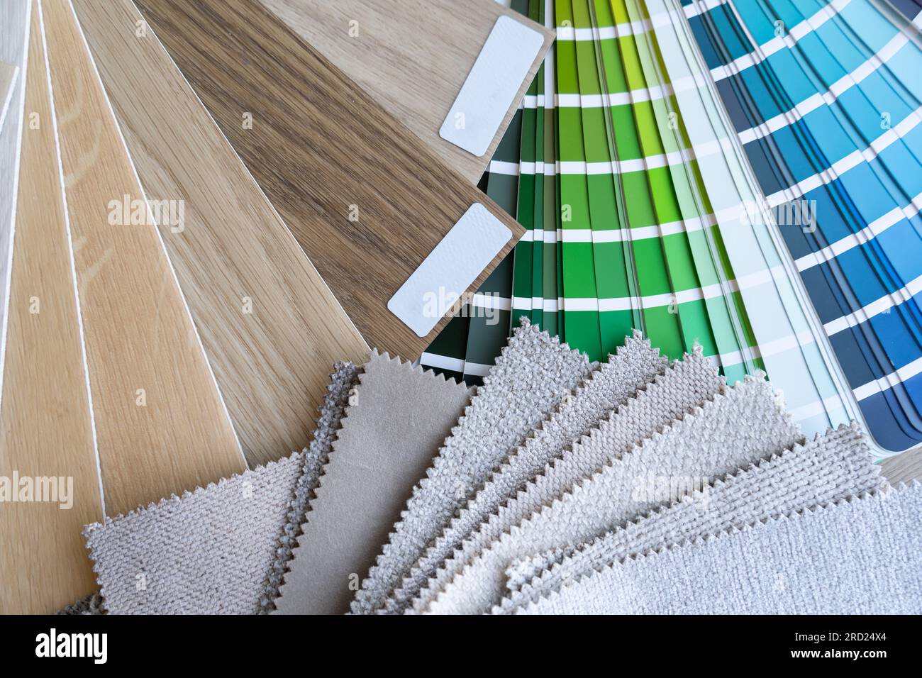 Color scheme palette guide catalog with colour swatches, wooden flooring and furniture material