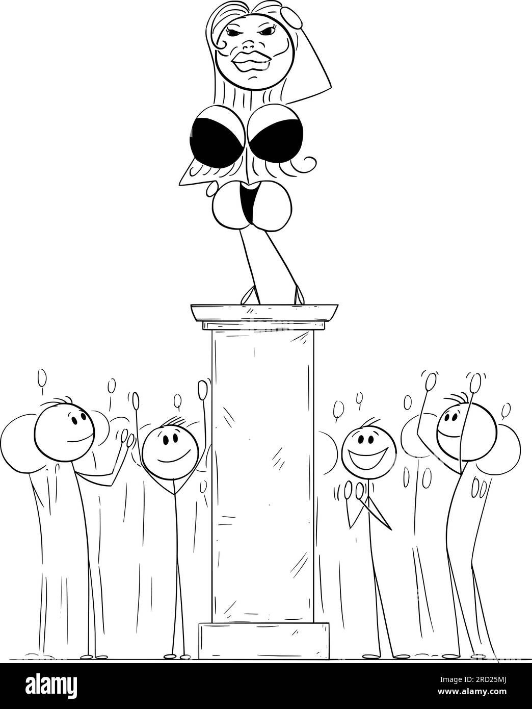 Crowd Celebrating Female Celebrity , Vector Cartoon Stick Figure