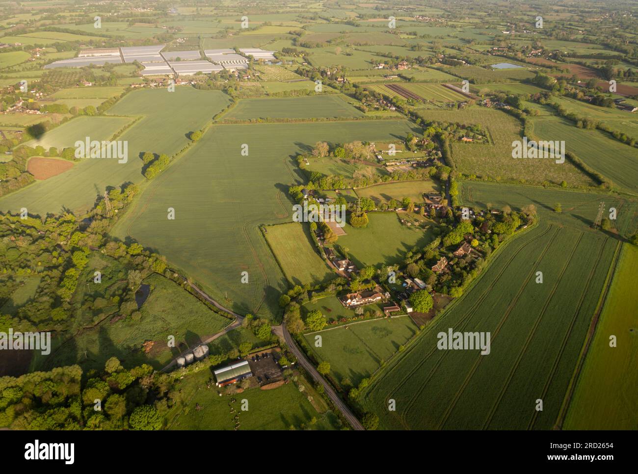 Aerial view of the fields and villages in the countryside in Kent, UK