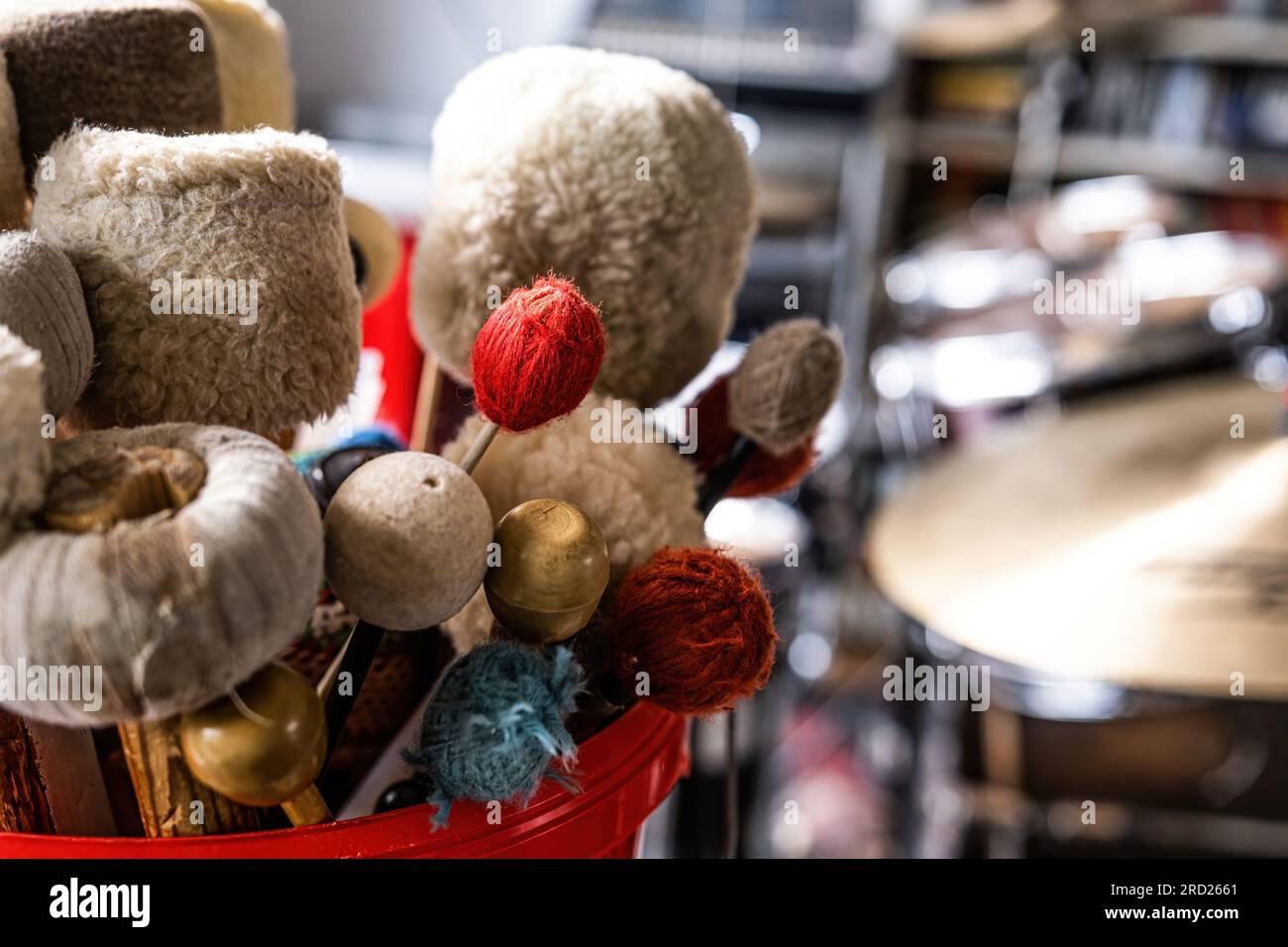 Different types of drumsticks for drum live music perfomance closeup