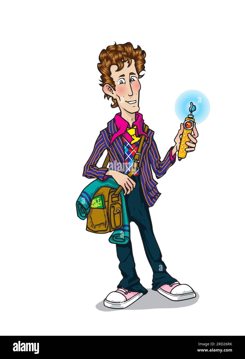 Illustration of man in striped blazer with satchel, towel, electronic thumb, copy of Hitchhiker's Guide to the Galaxy, Douglas Adams' Ford Prefect Stock Photo