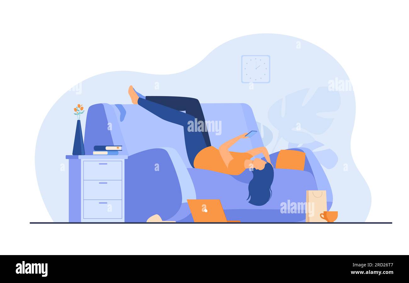 Lazy depressed woman resting in couch with smartphone Stock Vector
