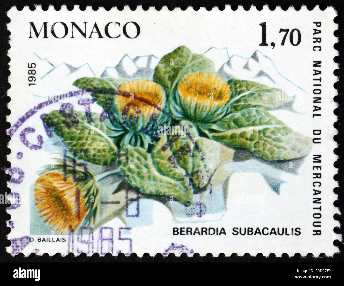 MONACO - CIRCA 1985 a stamp printed in Monaco shows berardia, berardia subacaulis, is a flowering alpine plant native to the Alps, circa 1985 Stock Photo