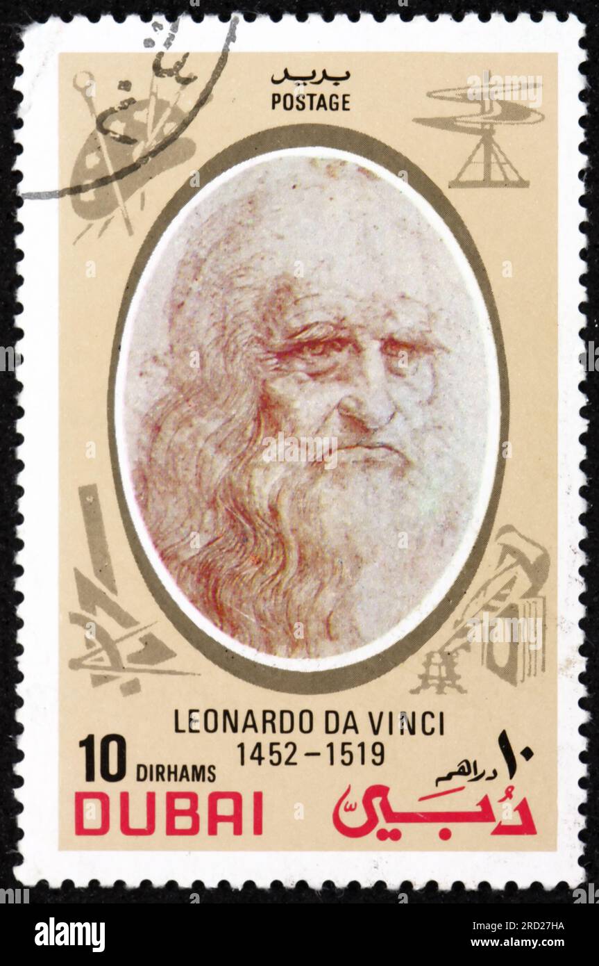 DUBAI - CIRCA 1972: a stamp printed in Dubai shows Leonardo da Vinci ...