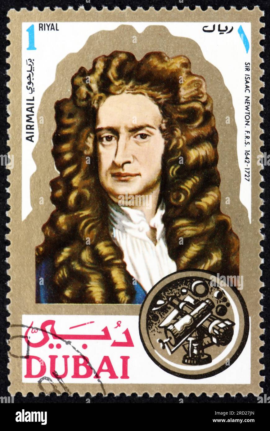 DUBAI - CIRCA 1971: a stamp printed in Dubai shows Sir Isaac Newton, was an English mathematician, physicist, astronomer and theologian, natural philo Stock Photo