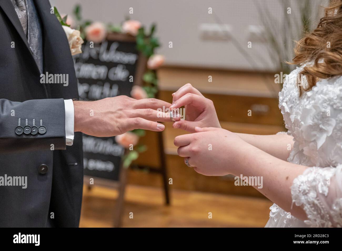 wedding rings and hands of bride and groom ring exchange couple at ceremony in love 2RD28C3