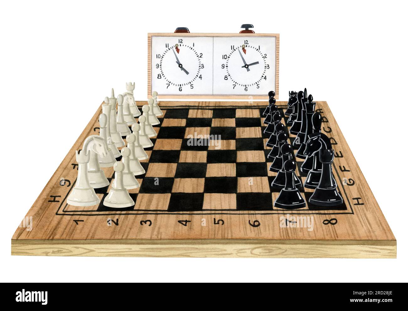 Hand drawn wooden chess board with black and white pieces and clocks