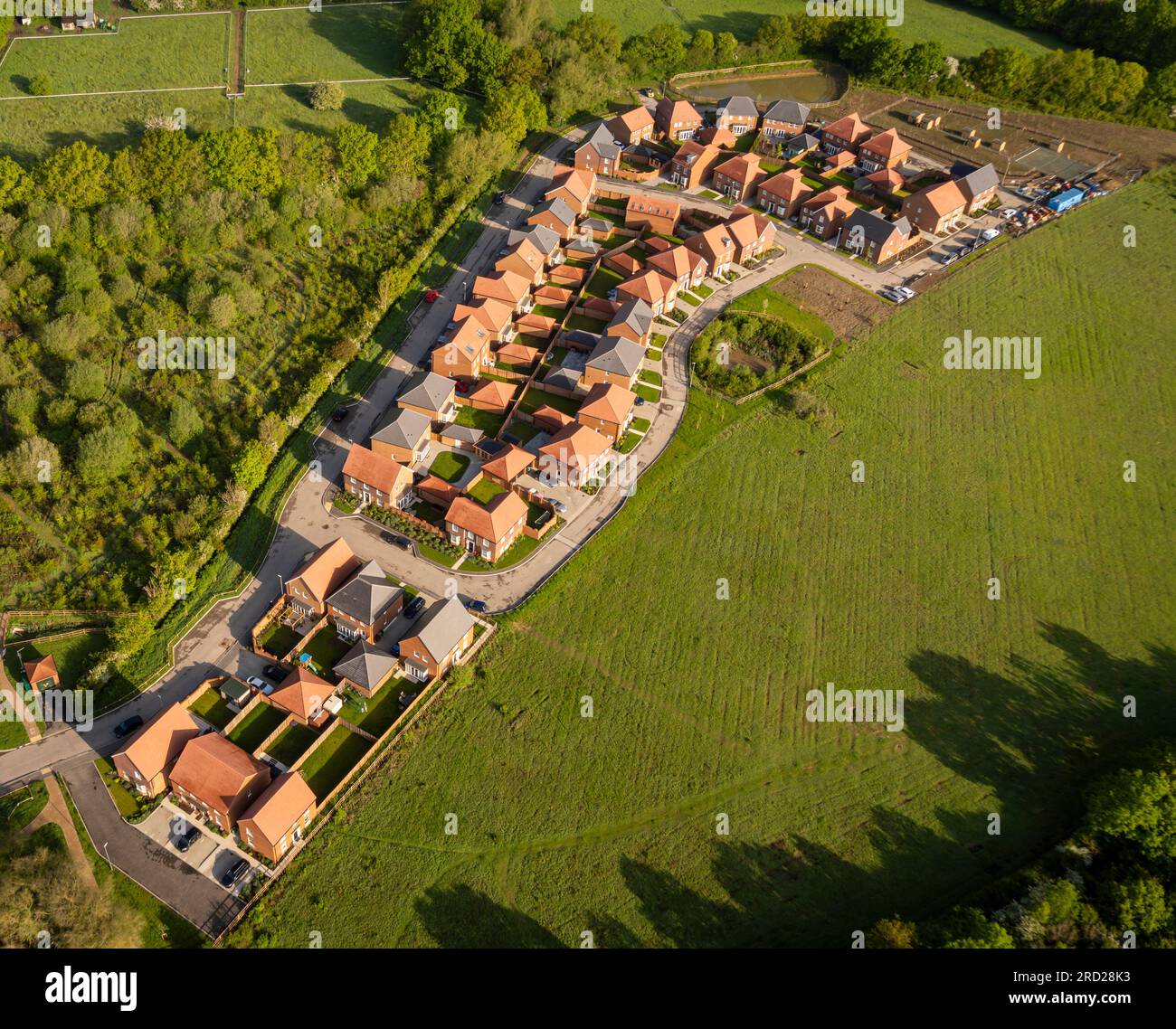 Aerial view of new housing in the village of Staplehurst, Kent, UK