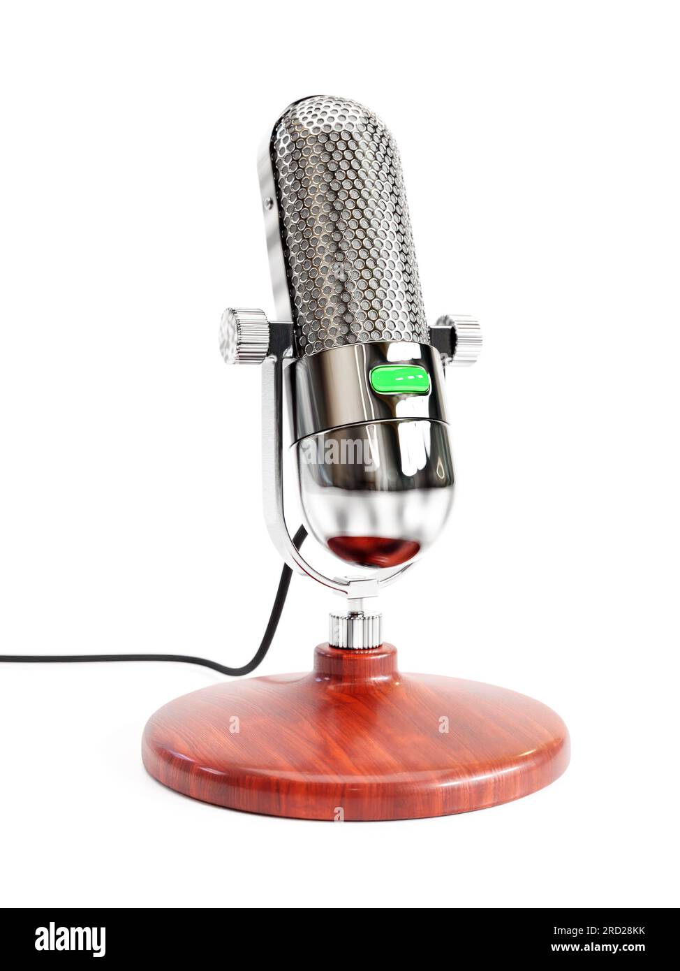 3D render of vintage microphone with wooden stand on white background ...