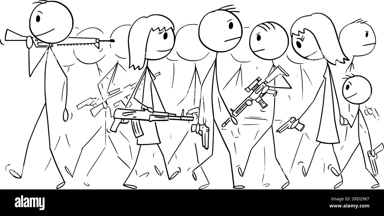 People on Street Armed with Guns , Vector Cartoon Stick Figure Illustration Stock Vector