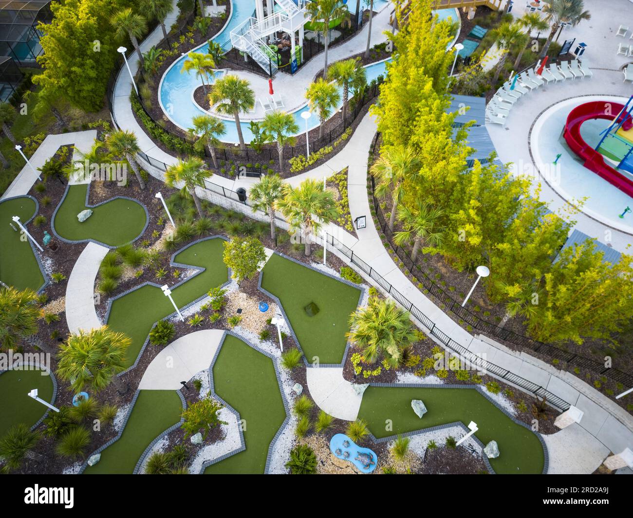 Looking down at Water rides and mini golf at resort from above in Florida. Stock Photo