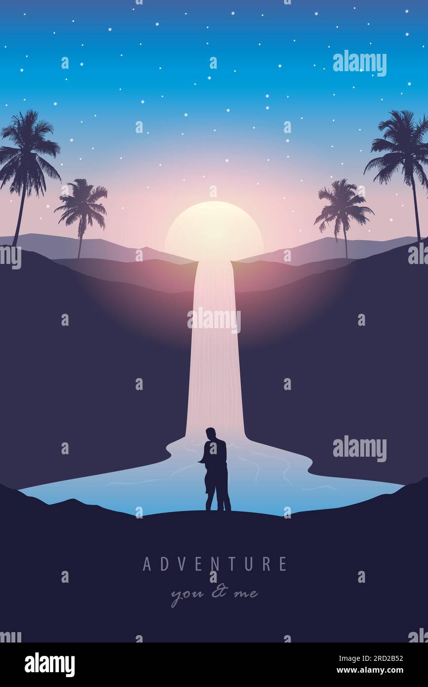 couple man and woman by waterfall river tropical landscape at beautiful sunset Stock Vector