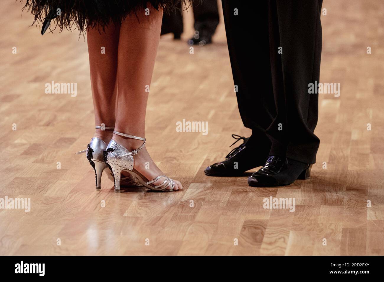 couple dancers, legs woman in silver shoes and man in black dance shoes Stock Photo