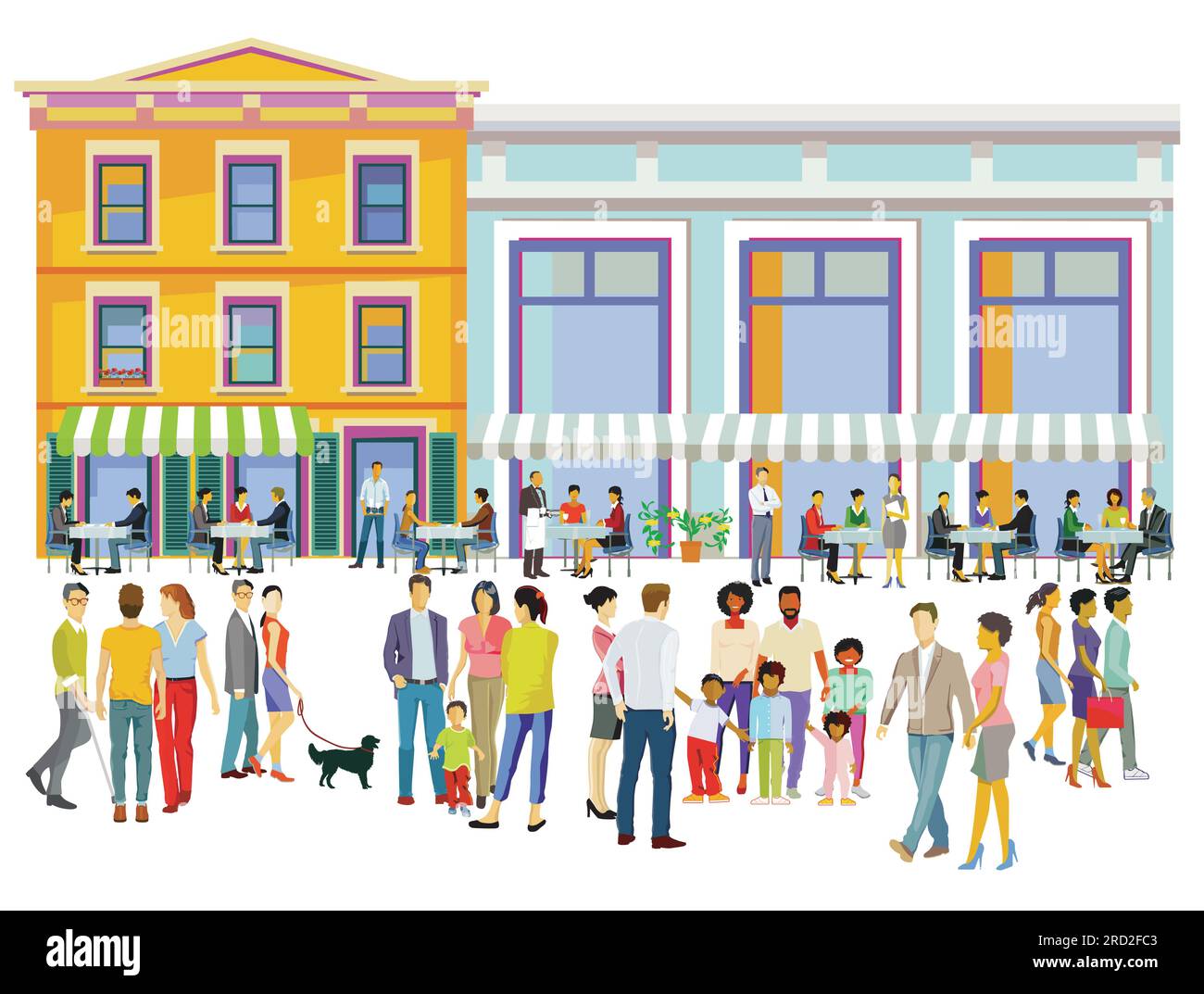 City silhouette with groups of people in leisure time in residential area, illustration Stock Vector