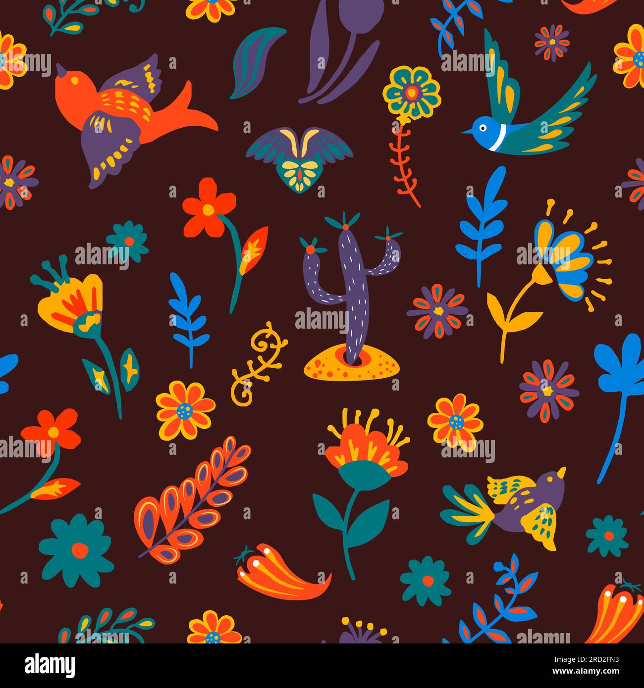 Cactus and blooming flora,flying birds seamless pattern Stock Vector